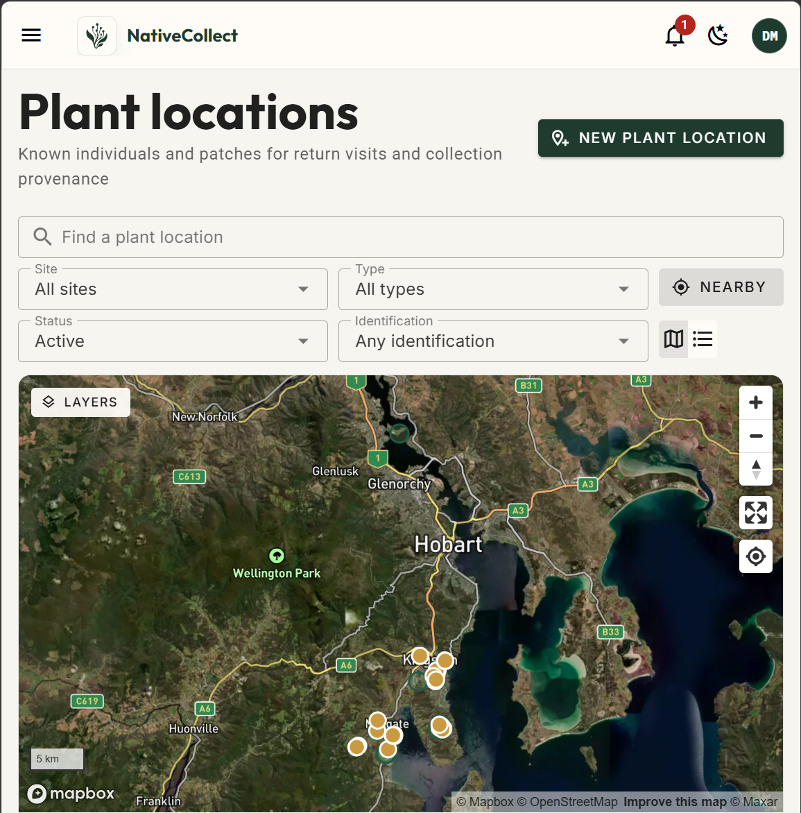 NativeFlow Plant locations page showing site filters and mapped plant locations around Hobart.