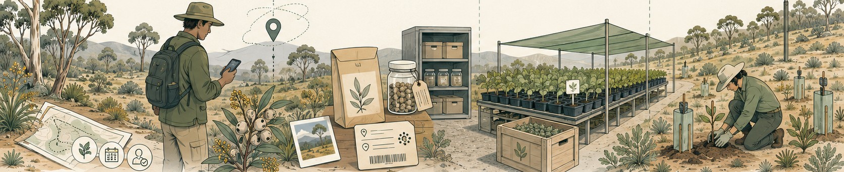 A single continuous landscape running left to right: open eucalypt woodland with a map and permissions, a collector recording a plant on a phone, seed packets and jars on a store shelf, nursery benches of tubestock under shade cloth, and a planted seedling being watered in on a revegetation site.